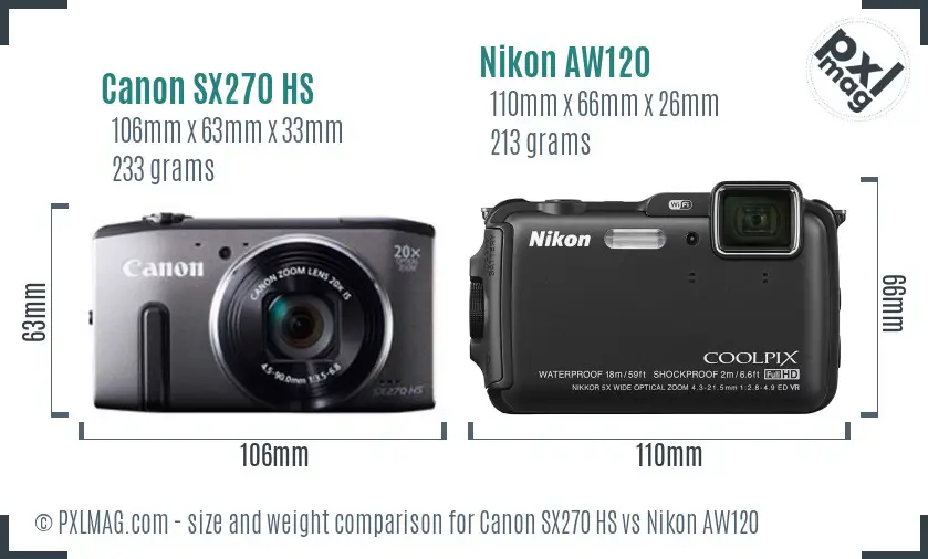 Canon SX270 HS vs Nikon AW120 size comparison