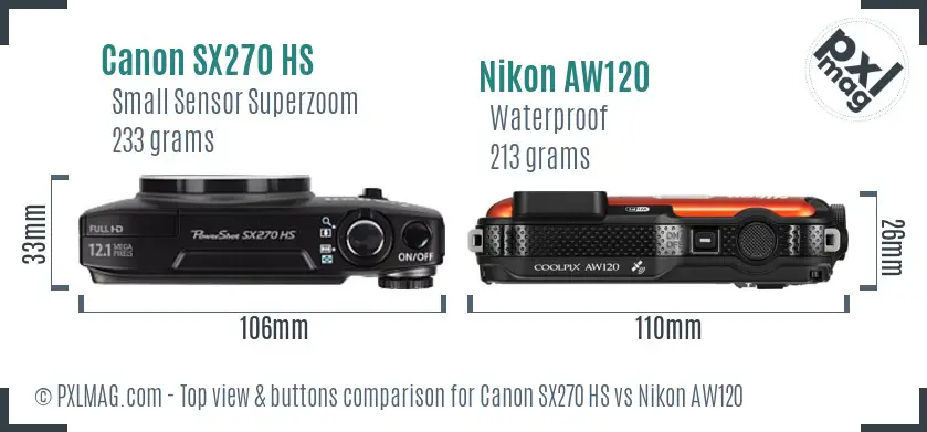 Canon SX270 HS vs Nikon AW120 top view buttons comparison