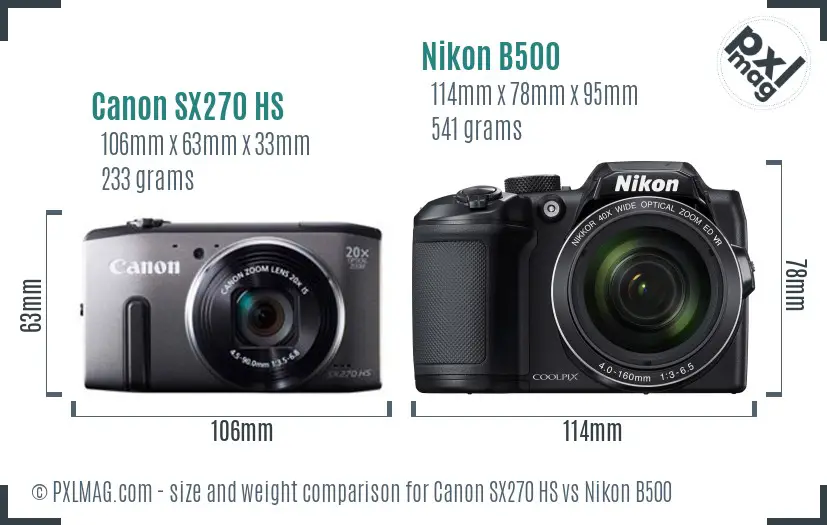 Canon SX270 HS vs Nikon B500 size comparison