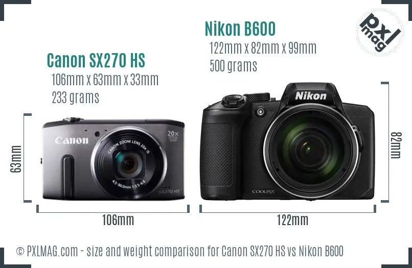 Canon SX270 HS vs Nikon B600 size comparison