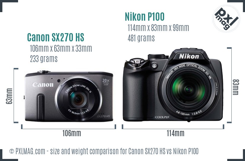 Canon SX270 HS vs Nikon P100 size comparison