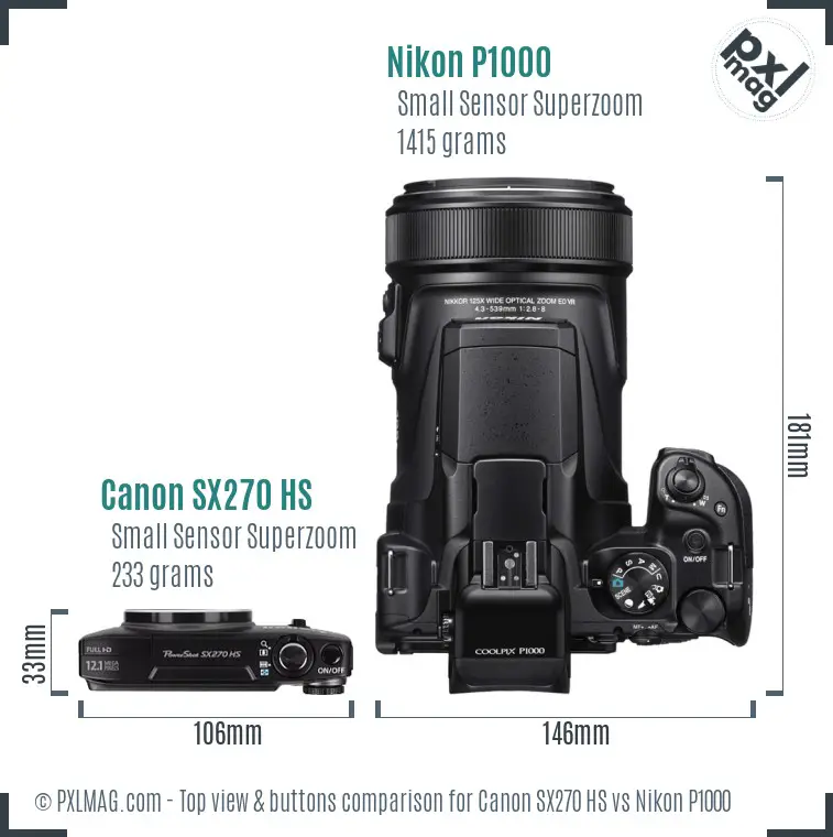 Canon SX270 HS vs Nikon P1000 top view buttons comparison