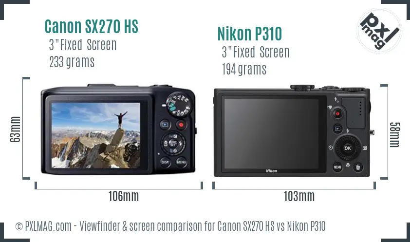 Canon SX270 HS vs Nikon P310 Screen and Viewfinder comparison
