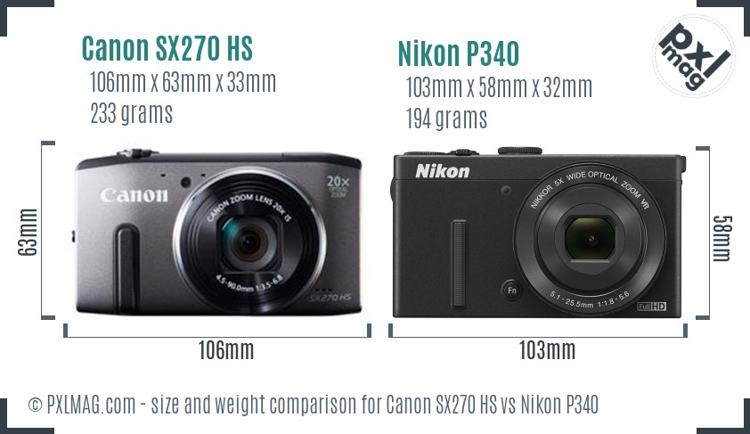 Canon SX270 HS vs Nikon P340 size comparison