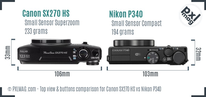 Canon SX270 HS vs Nikon P340 top view buttons comparison