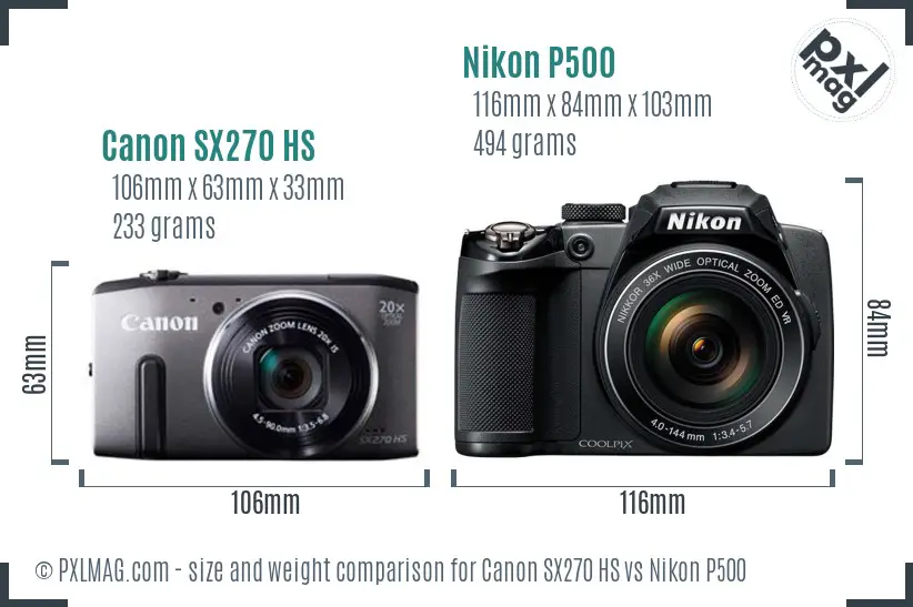 Canon SX270 HS vs Nikon P500 size comparison