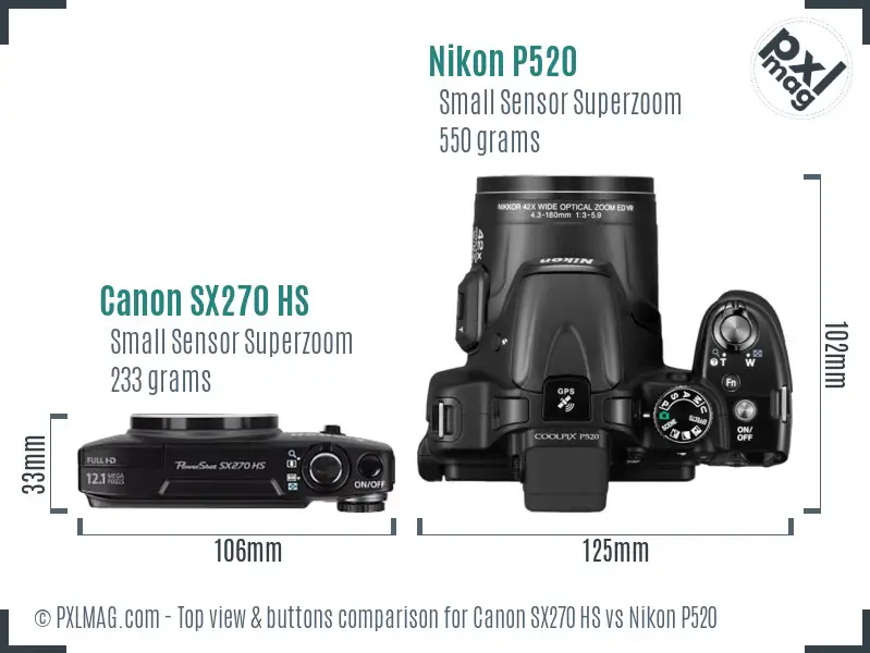 Canon SX270 HS vs Nikon P520 top view buttons comparison