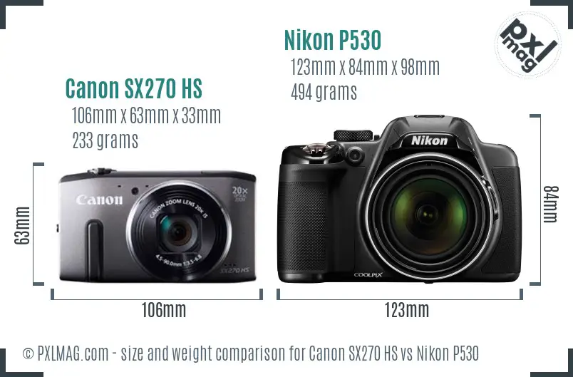 Canon SX270 HS vs Nikon P530 size comparison
