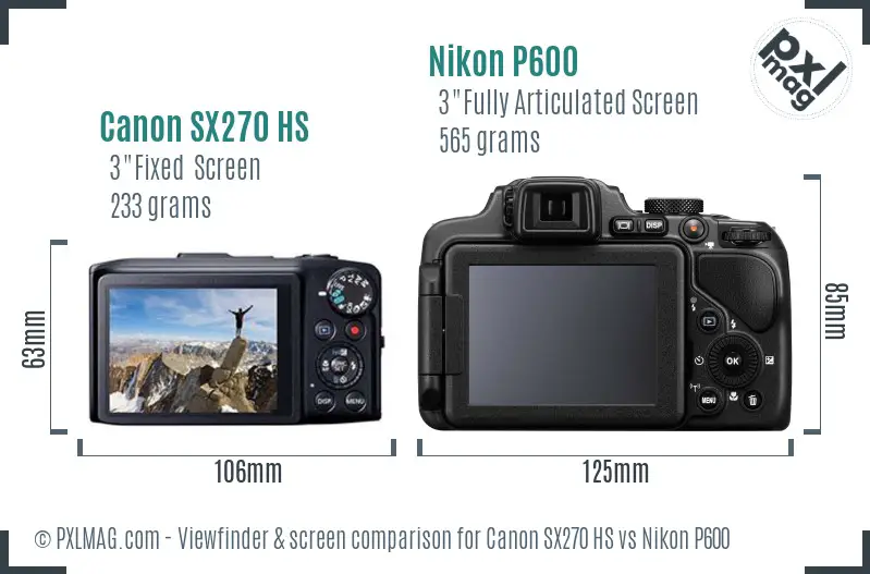 Canon SX270 HS vs Nikon P600 Screen and Viewfinder comparison