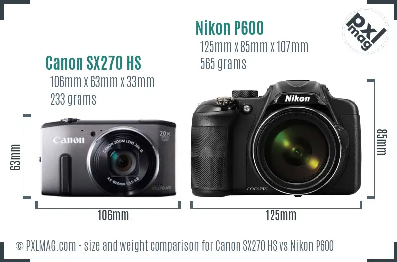 Canon SX270 HS vs Nikon P600 size comparison