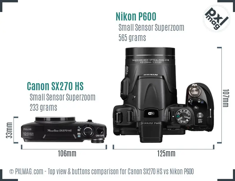 Canon SX270 HS vs Nikon P600 top view buttons comparison