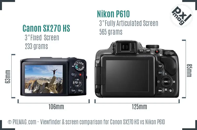 Canon SX270 HS vs Nikon P610 Screen and Viewfinder comparison