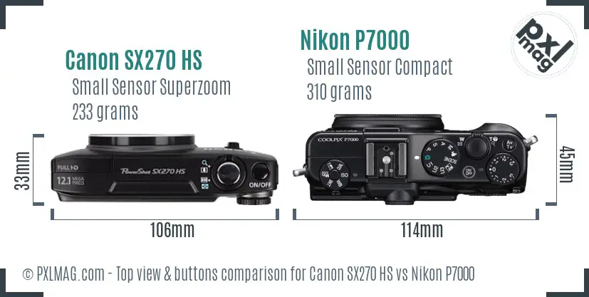 Canon SX270 HS vs Nikon P7000 top view buttons comparison