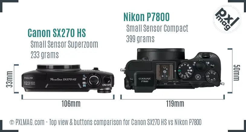 Canon SX270 HS vs Nikon P7800 top view buttons comparison