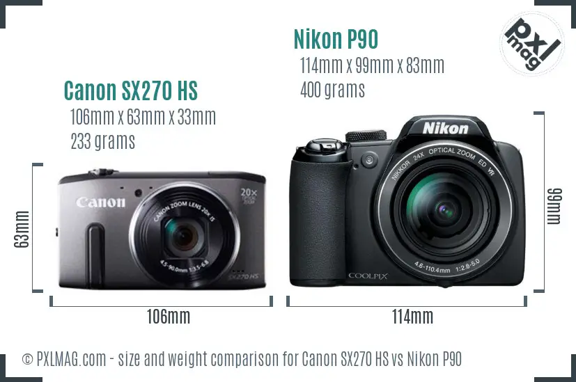 Canon SX270 HS vs Nikon P90 size comparison