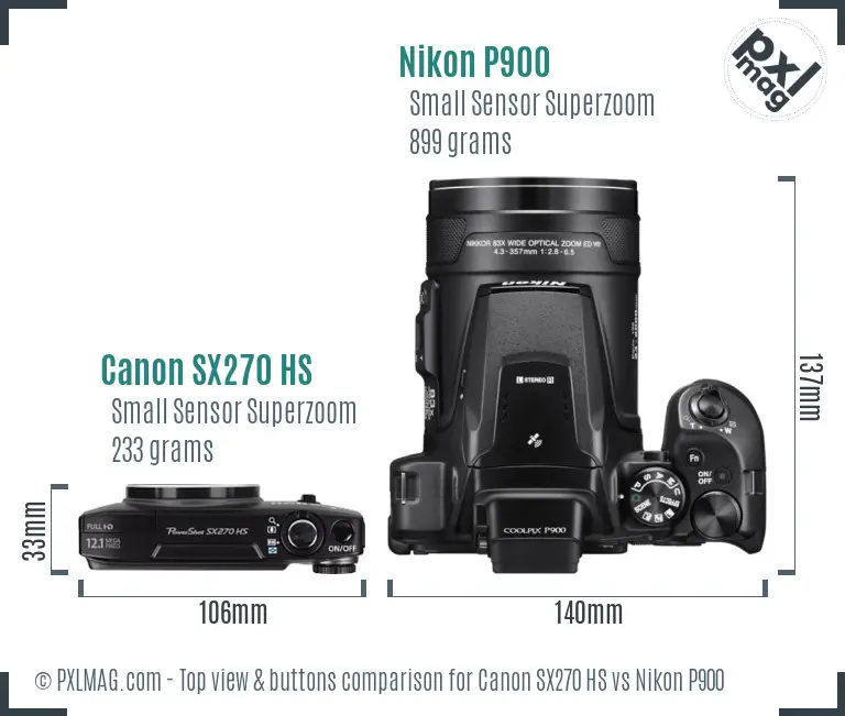 Canon SX270 HS vs Nikon P900 top view buttons comparison
