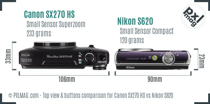 Canon SX270 HS vs Nikon S620 top view buttons comparison Canon SX270 HS vs Nikon S620 top view buttons comparison
