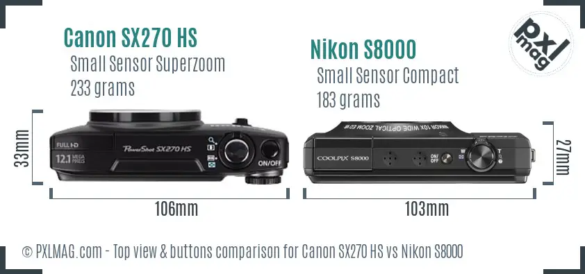 Canon SX270 HS vs Nikon S8000 top view buttons comparison Canon SX270 HS vs Nikon S8000 top view buttons comparison