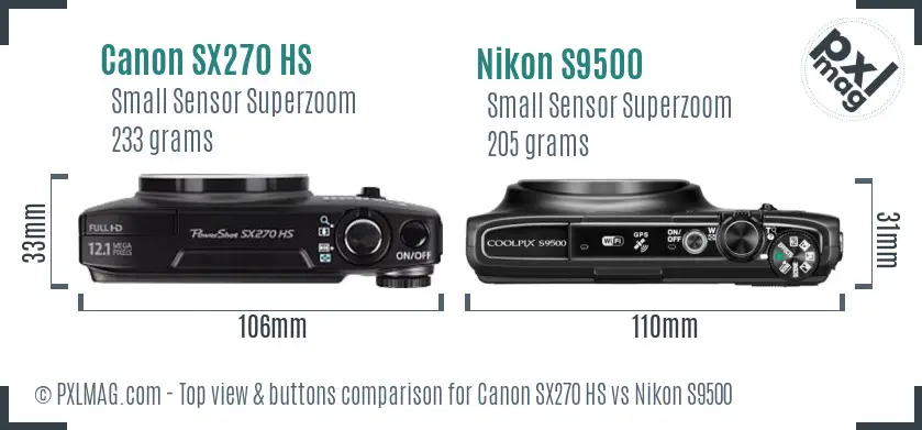 Canon SX270 HS vs Nikon S9500 top view buttons comparison Canon SX270 HS vs Nikon S9500 top view buttons comparison