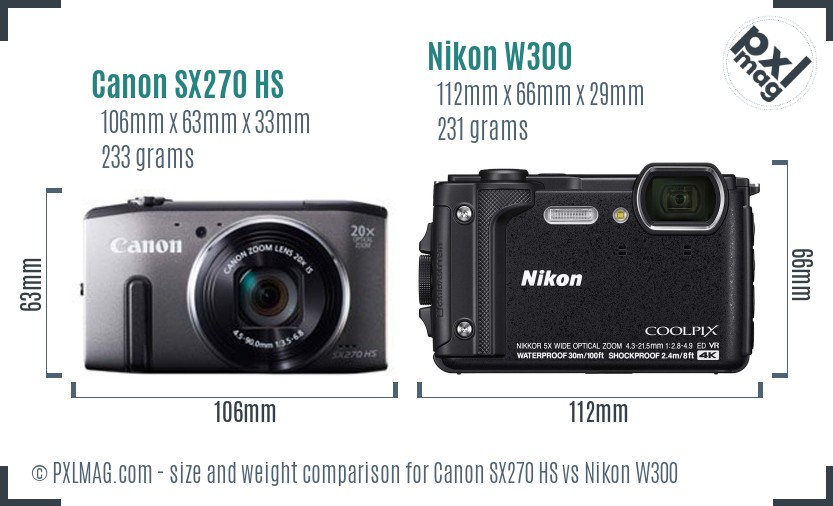 Canon SX270 HS vs Nikon W300 size comparison