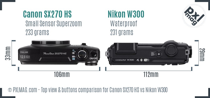 Canon SX270 HS vs Nikon W300 top view buttons comparison