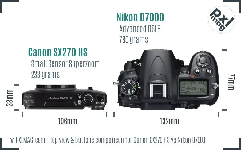 Canon SX270 HS vs Nikon D7000 top view buttons comparison