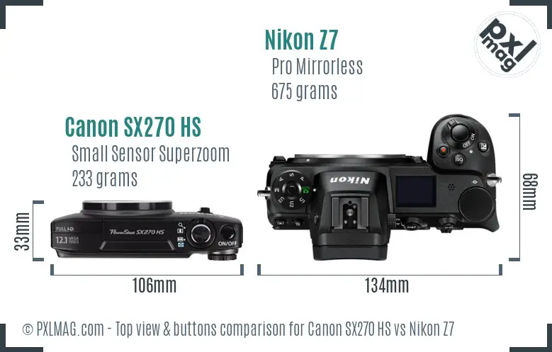 Canon SX270 HS vs Nikon Z7 top view buttons comparison