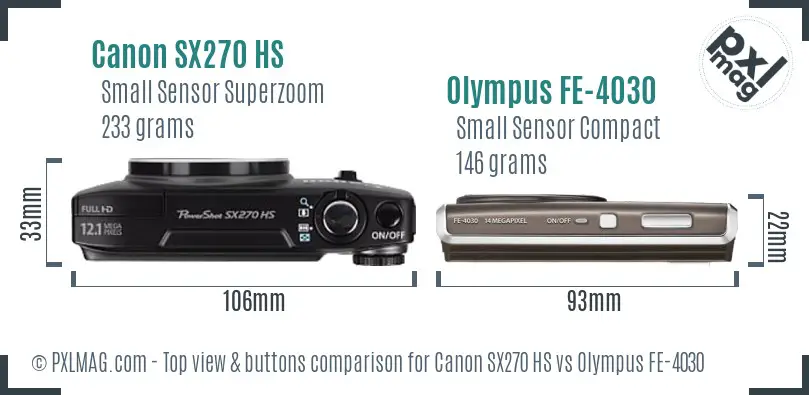 Canon SX270 HS vs Olympus FE-4030 top view buttons comparison Canon SX270 HS vs Olympus FE-4030 top view buttons comparison
