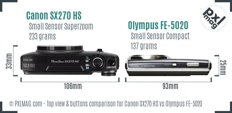 Canon SX270 HS vs Olympus FE-5020 top view buttons comparison