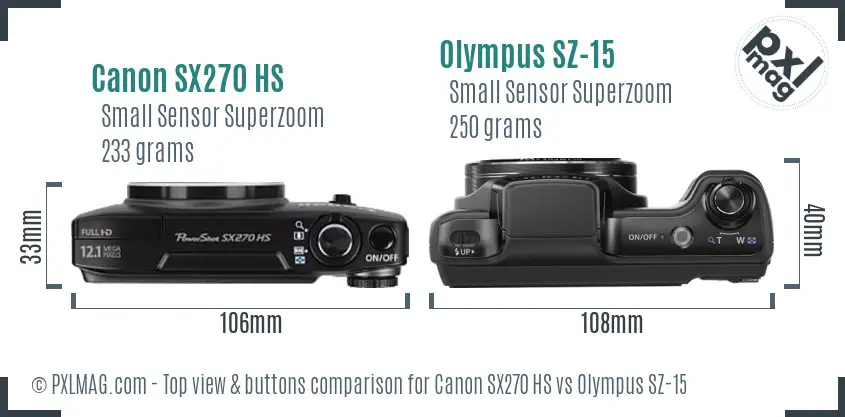 Canon SX270 HS vs Olympus SZ-15 top view buttons comparison Canon SX270 HS vs Olympus SZ-15 top view buttons comparison