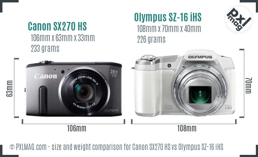 Canon SX270 HS vs Olympus SZ-16 iHS size comparison