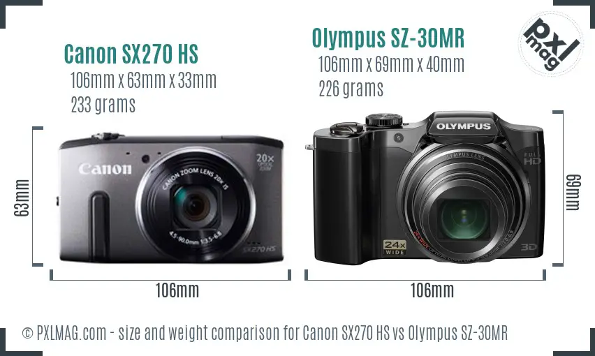 Canon SX270 HS vs Olympus SZ-30MR size comparison