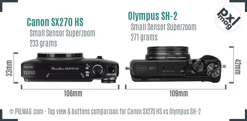 Canon SX270 HS vs Olympus SH-2 top view buttons comparison Canon SX270 HS vs Olympus SH-2 top view buttons comparison