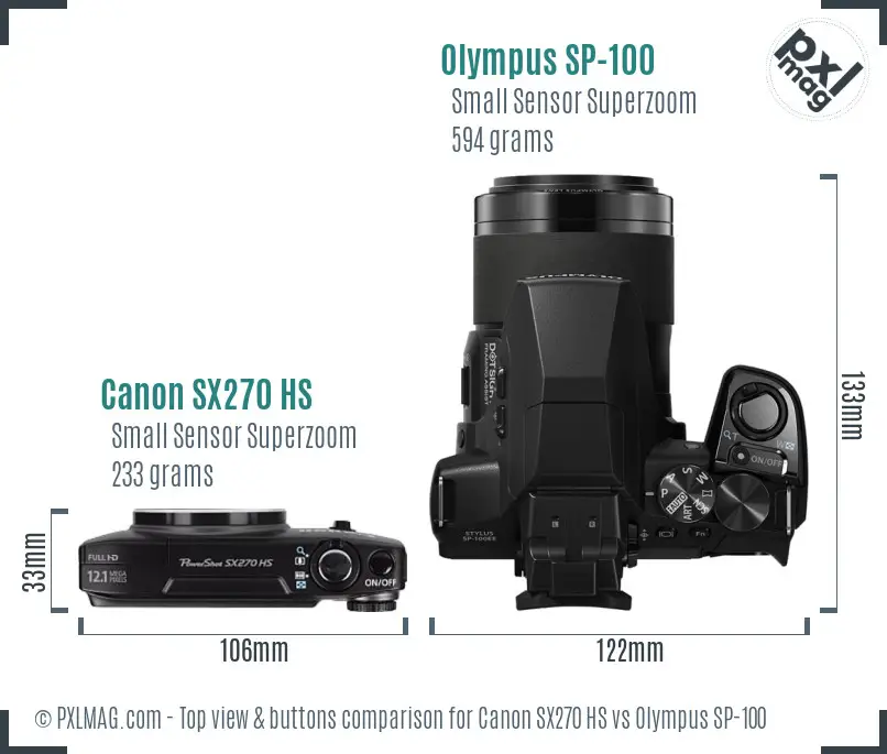 Canon SX270 HS vs Olympus SP-100 top view buttons comparison Canon SX270 HS vs Olympus SP-100 top view buttons comparison
