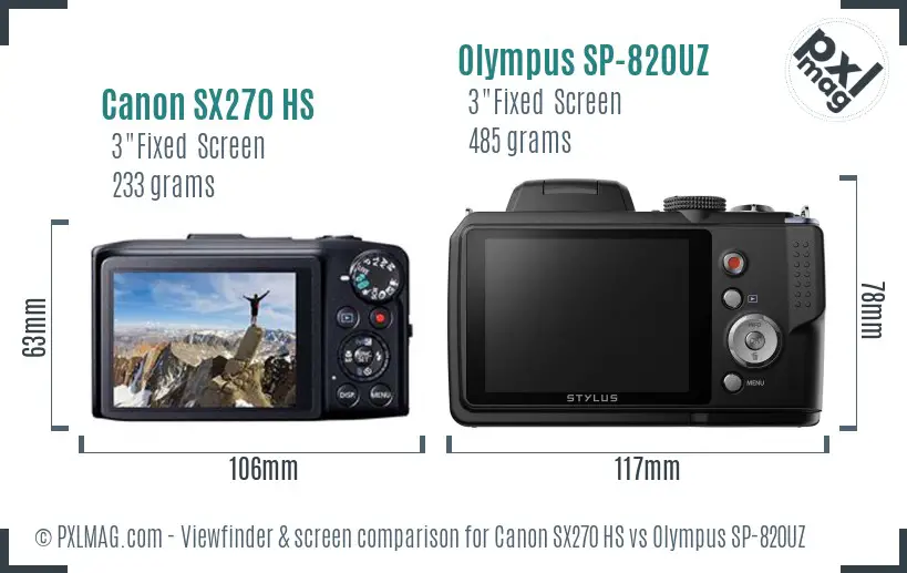 Canon SX270 HS vs Olympus SP-820UZ Screen and Viewfinder comparison