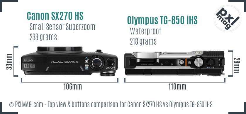 Canon SX270 HS vs Olympus TG-850 iHS top view buttons comparison