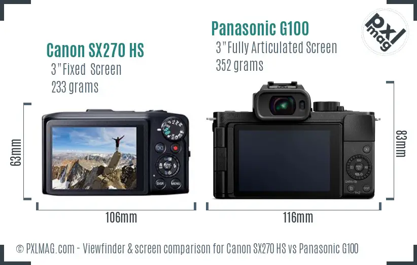 Canon SX270 HS vs Panasonic G100 Screen and Viewfinder comparison