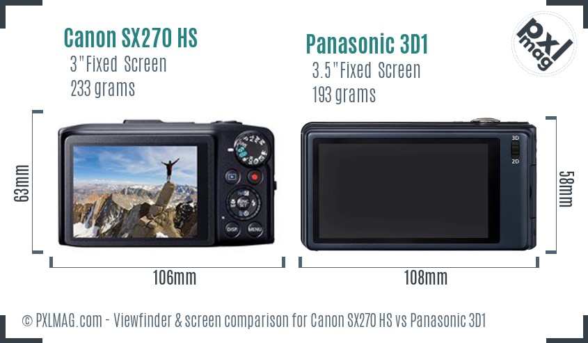 Canon SX270 HS vs Panasonic 3D1 Screen and Viewfinder comparison