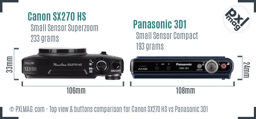 Canon SX270 HS vs Panasonic 3D1 top view buttons comparison