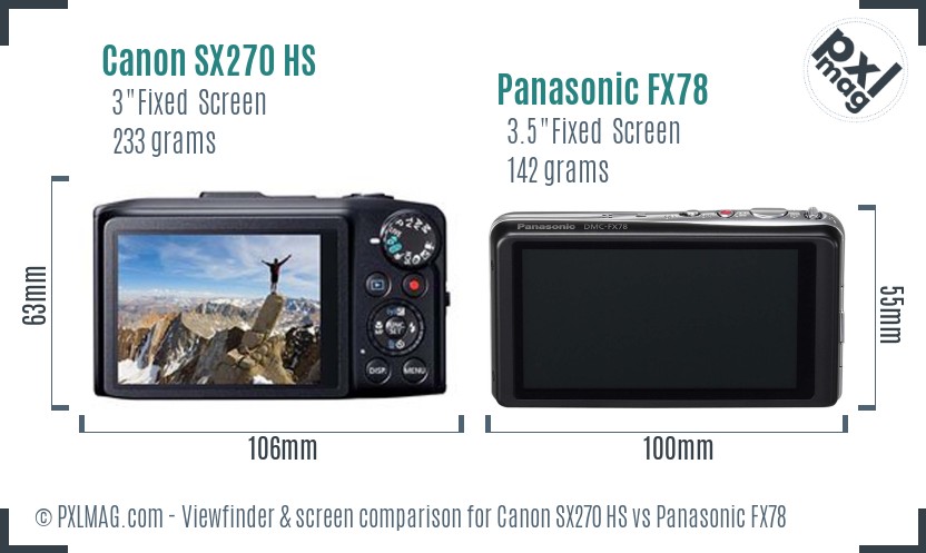 Canon SX270 HS vs Panasonic FX78 Screen and Viewfinder comparison