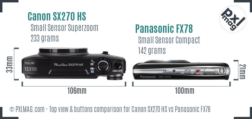 Canon SX270 HS vs Panasonic FX78 top view buttons comparison