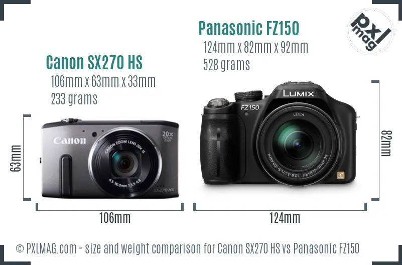 Canon SX270 HS vs Panasonic FZ150 size comparison