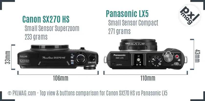 Canon SX270 HS vs Panasonic LX5 top view buttons comparison
