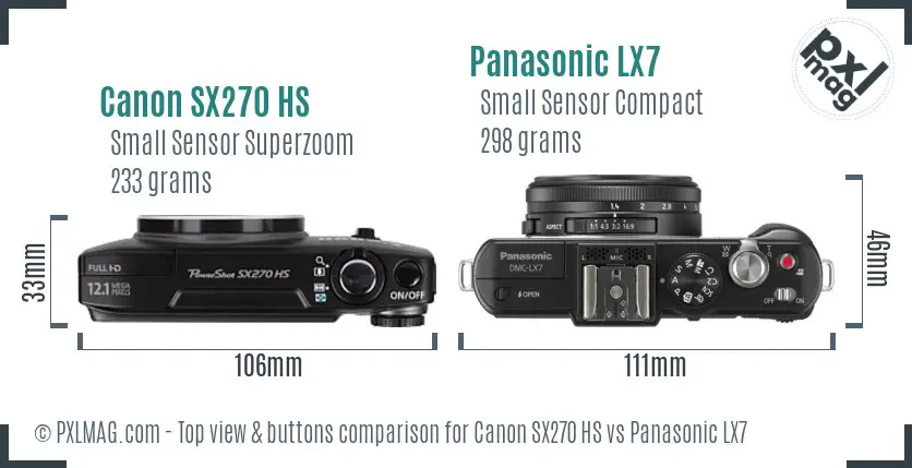 Canon SX270 HS vs Panasonic LX7 top view buttons comparison
