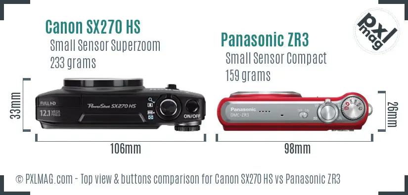 Canon SX270 HS vs Panasonic ZR3 top view buttons comparison Canon SX270 HS vs Panasonic ZR3 top view buttons comparison