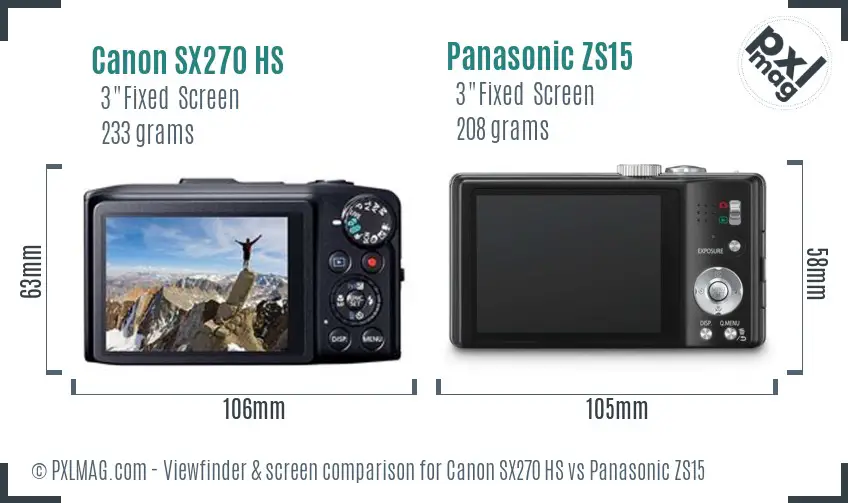 Canon SX270 HS vs Panasonic ZS15 Screen and Viewfinder comparison