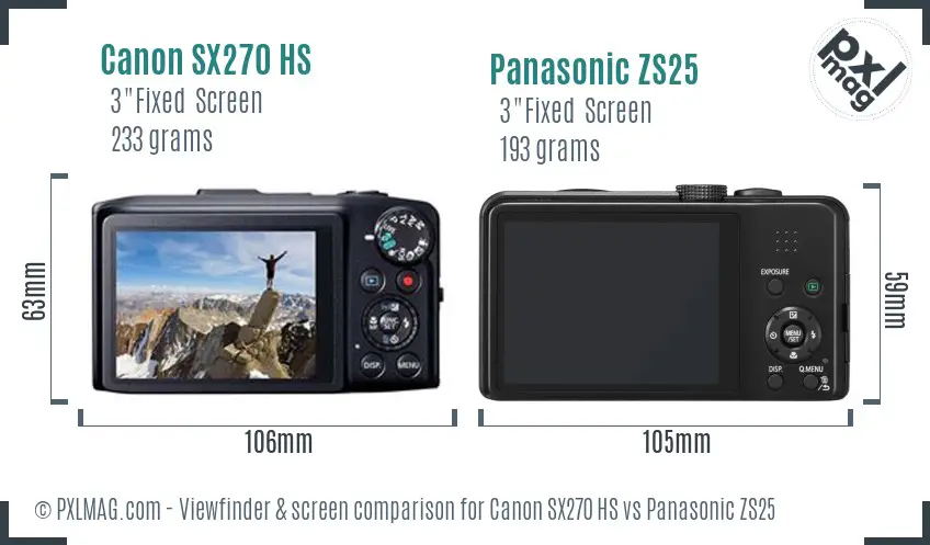 Canon SX270 HS vs Panasonic ZS25 Screen and Viewfinder comparison