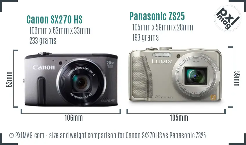 Canon SX270 HS vs Panasonic ZS25 size comparison