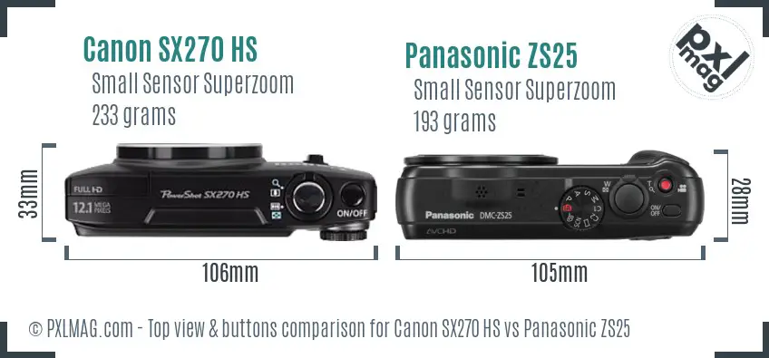 Canon SX270 HS vs Panasonic ZS25 top view buttons comparison