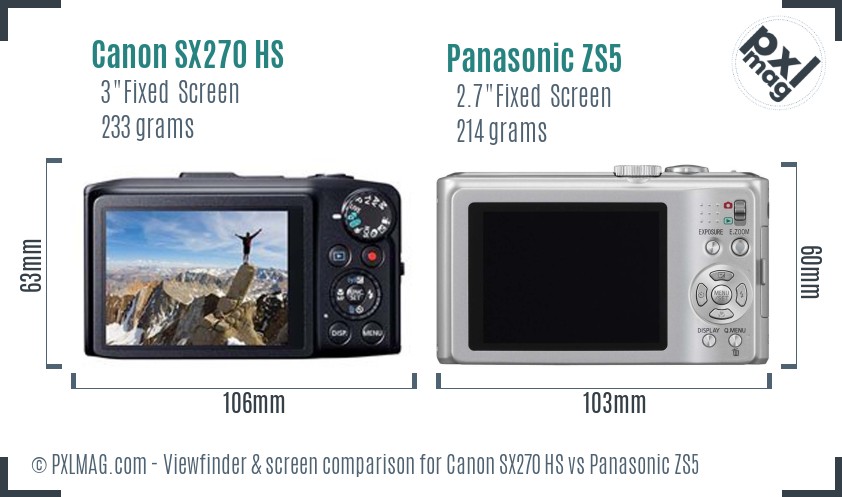 Canon SX270 HS vs Panasonic ZS5 Screen and Viewfinder comparison